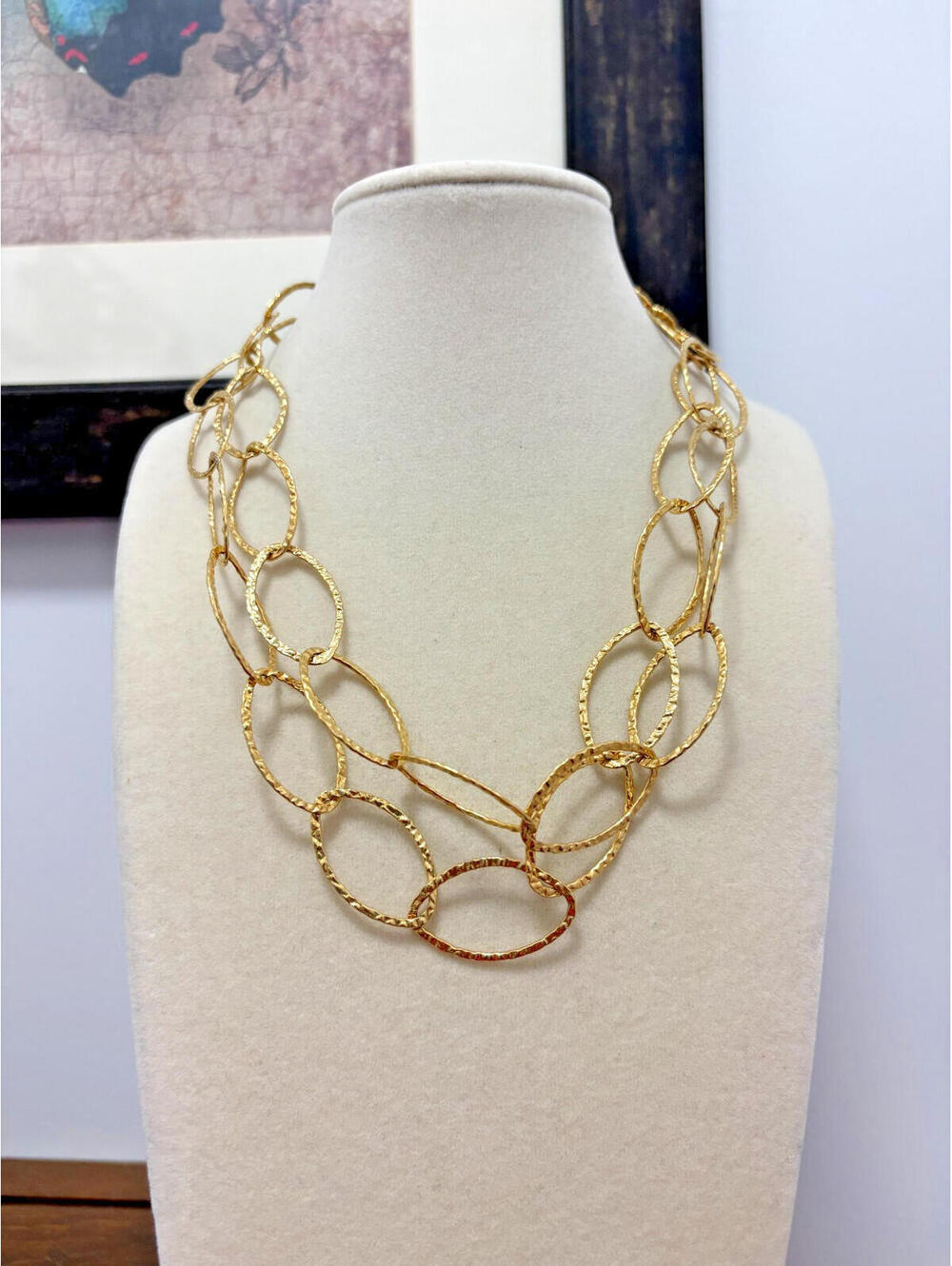 Vintage EP Erwin Pearl Shiny Gold Tone Hammered Oval Link Necklace 36" Glam